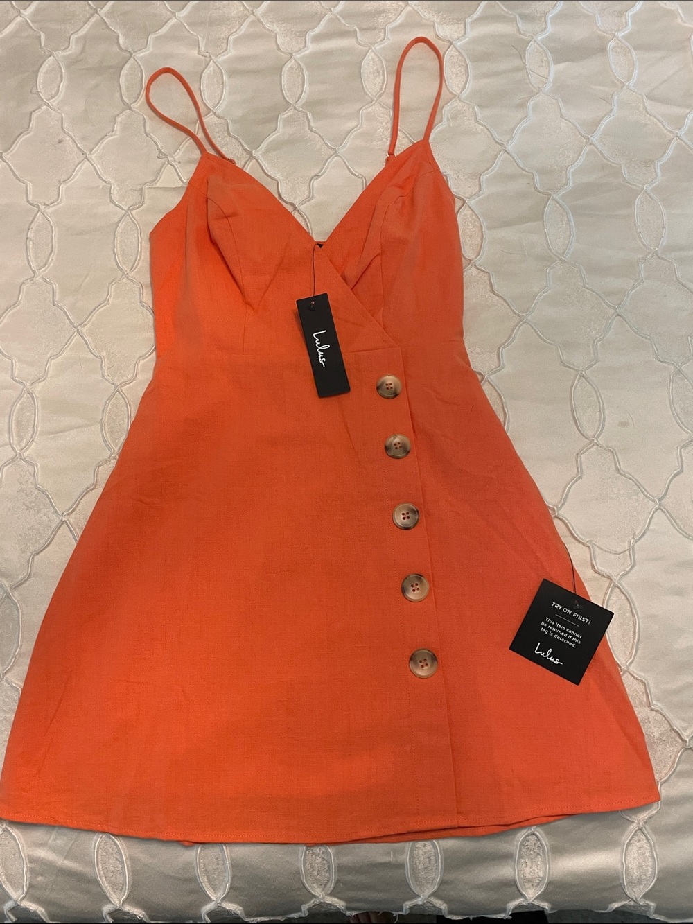 Lulu's Orange Button-Front Spaghetti Strap Mini Dress with V-Neck